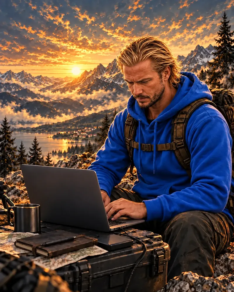 Developer working with application code at an outdoor mountain workshop