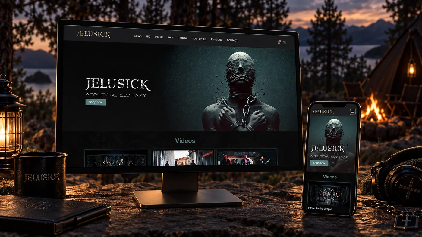 Jelusick music website shown on desktop and mobile devices