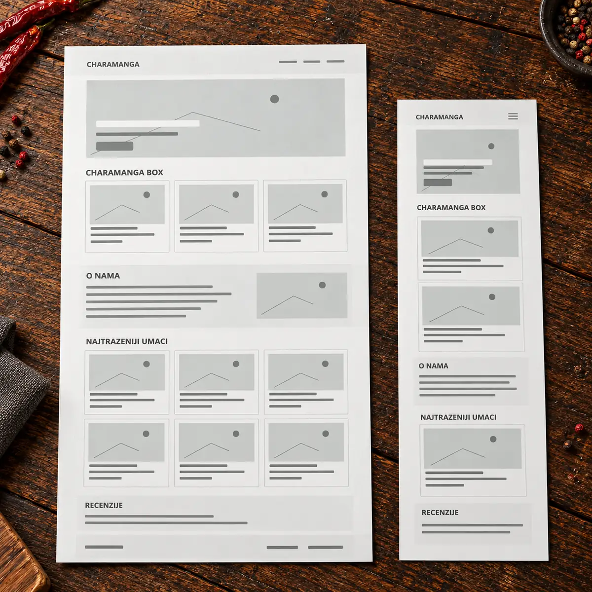 Desktop and mobile wireframes for the OPG Charamanga online shop on a wooden table