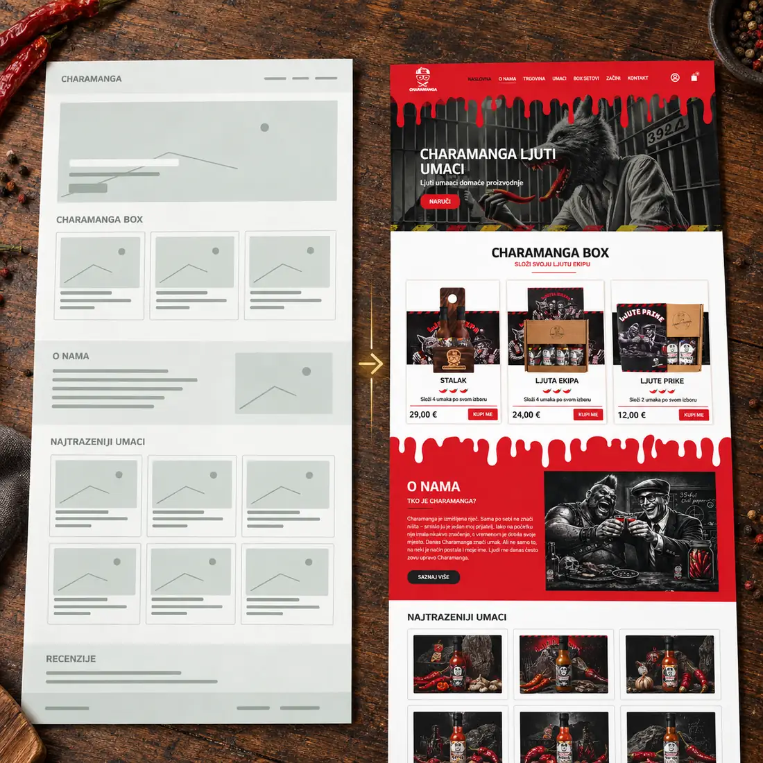 OPG Charamanga wireframe beside the finished red and black webshop design