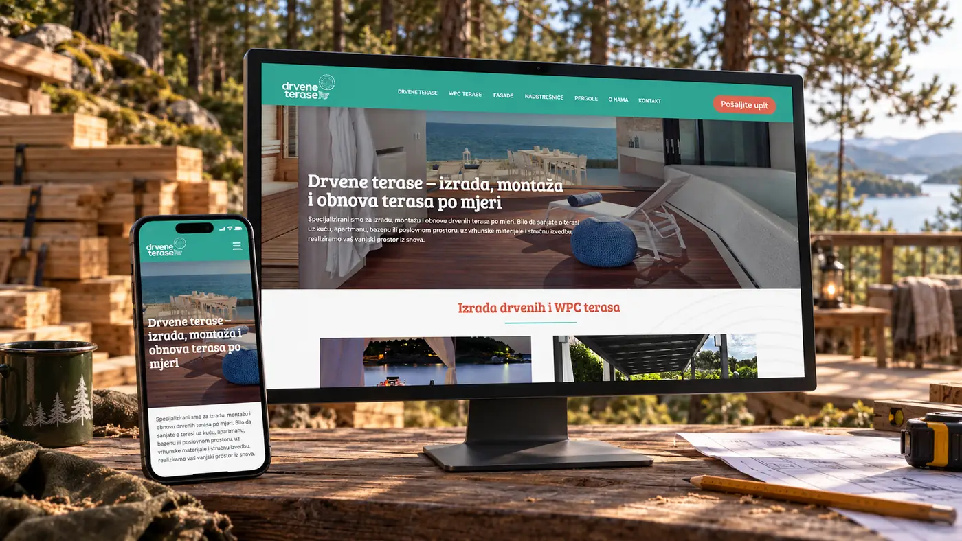 Drvene Terase website for wooden terraces displayed on desktop and mobile screens