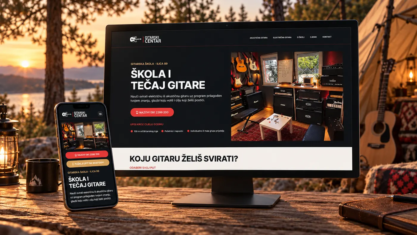 Gitarski Centar education website shown on desktop and mobile devices