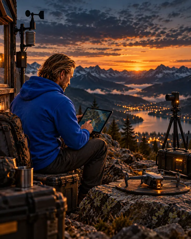 Designer using a tablet beside a weather station and camera overlooking the mountains at sunset