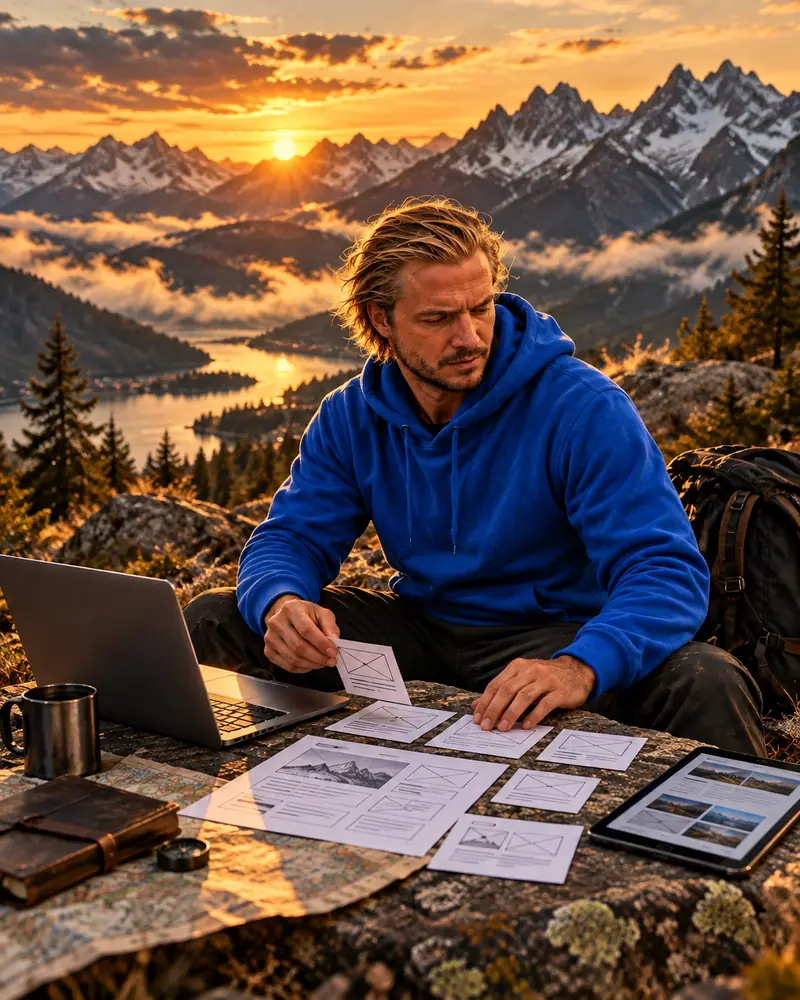 Designer reviewing website wireframes beside a laptop in the mountains at sunset