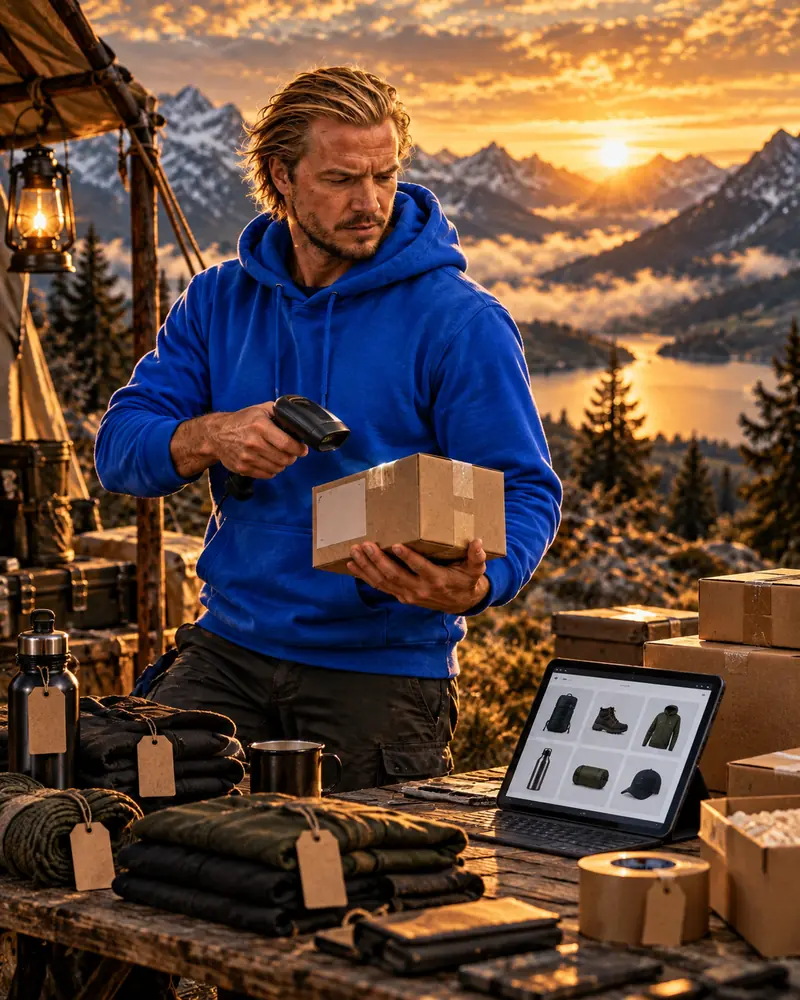 Designer scanning a parcel beside an online store on a laptop in a mountain camp