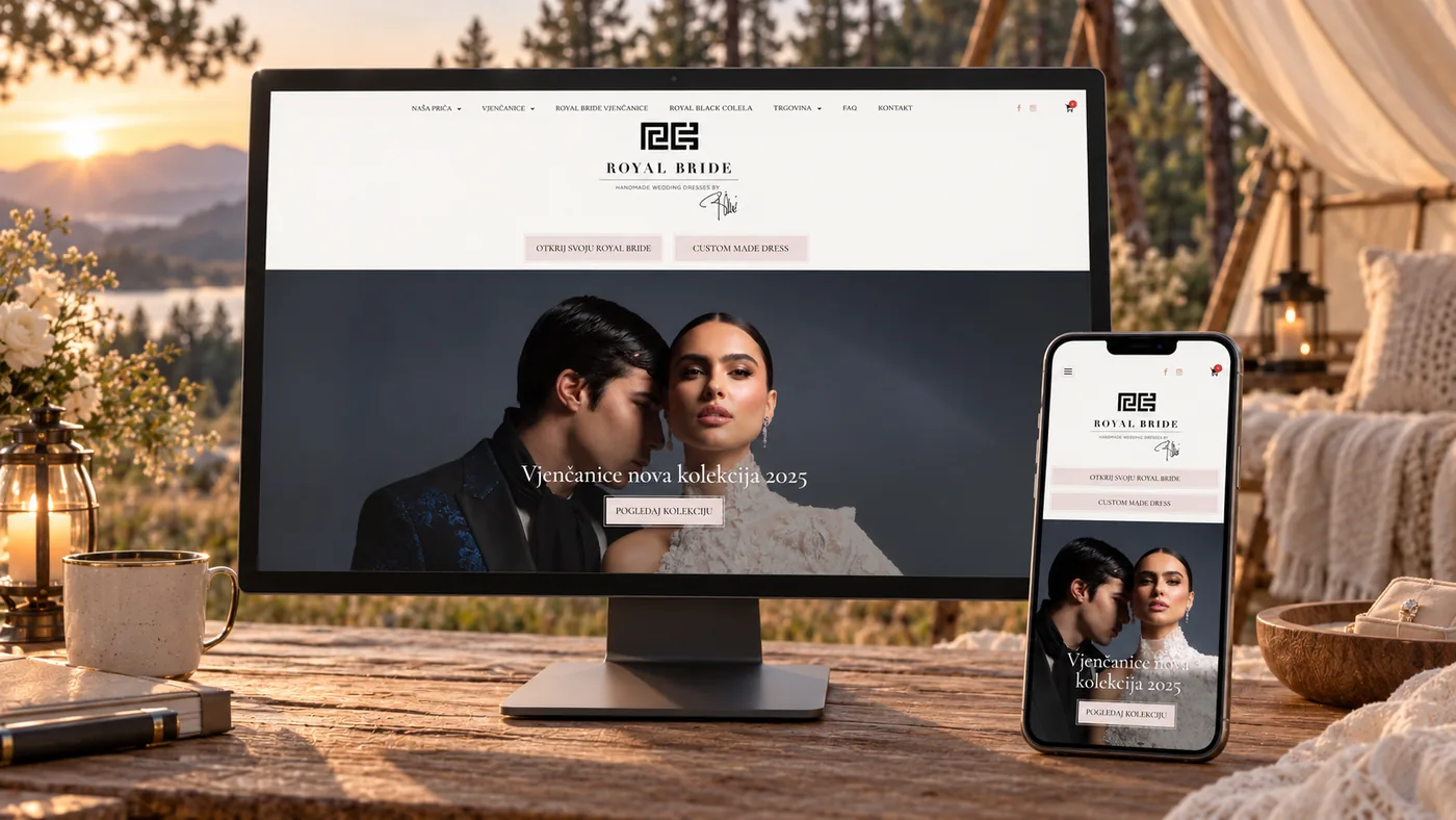 Royal Bride wedding fashion website displayed on desktop and mobile screens