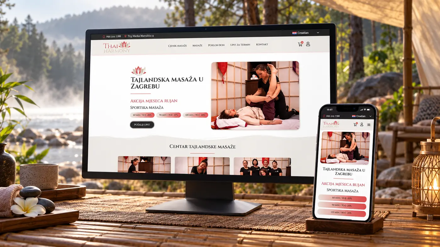 Thai Harmony wellness website shown on desktop and mobile devices